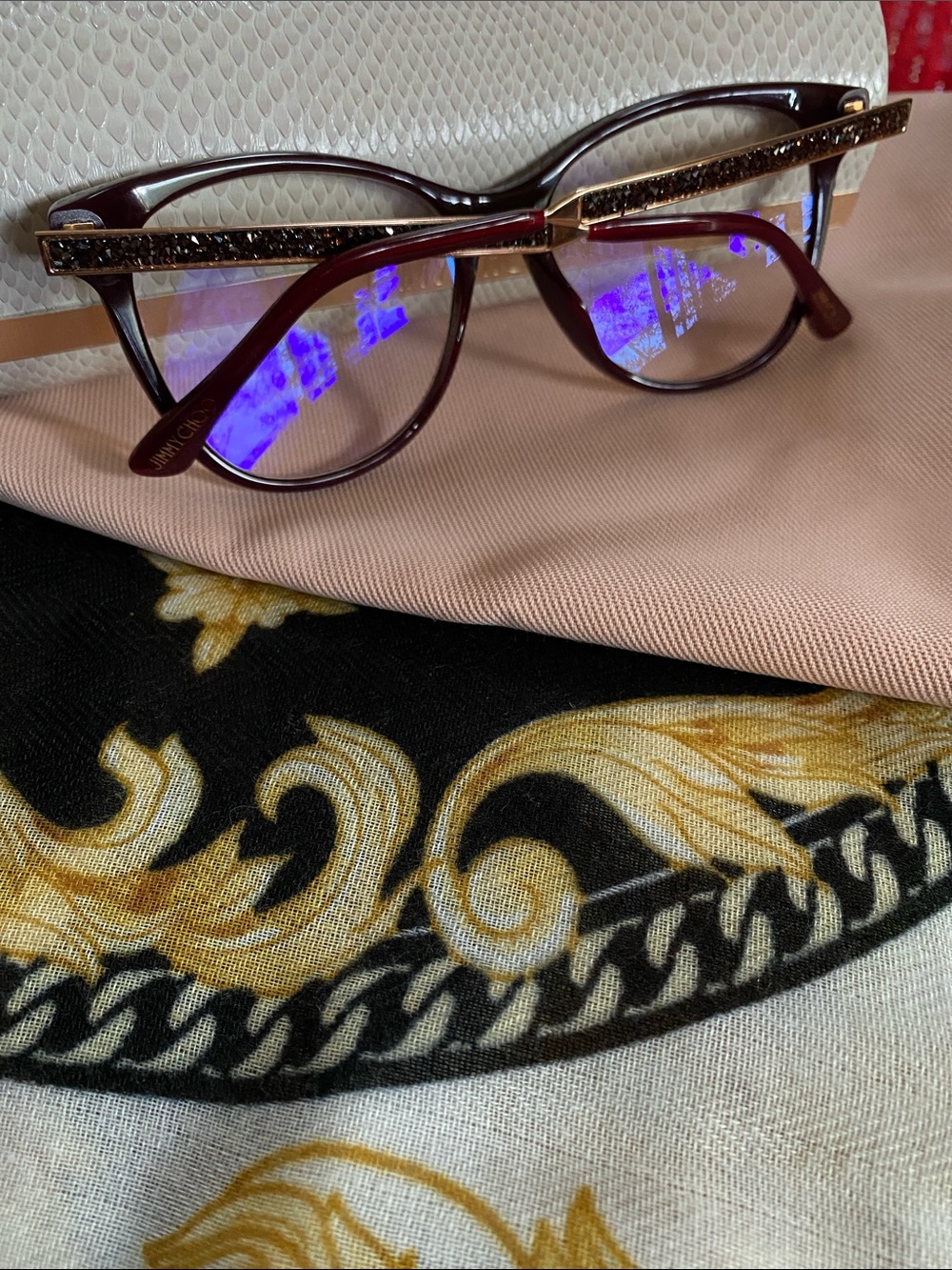 Jimmy Choo Made in Italy 🇮🇹 Dark Red Crystal Logo Glasses NWOT